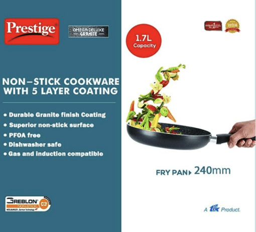 Prestige Omega Deluxe 24cm Granite Fry Pan with Glass lid|Gas & Induction Compatible | 5 Layers Non-Stick Cookware | Dishwasher Compatible - Image 2